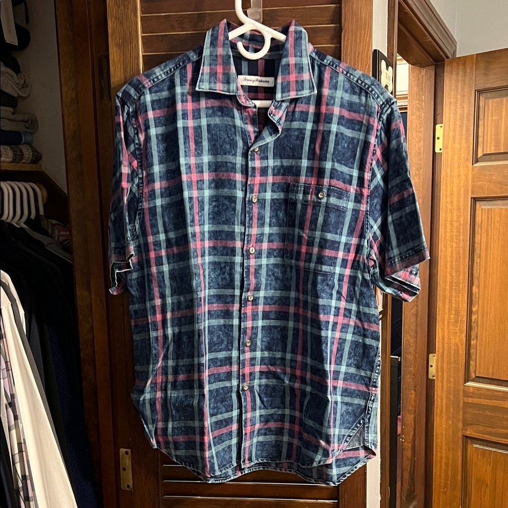 Tommy Bahama Navy and Pink Plaid Shirt